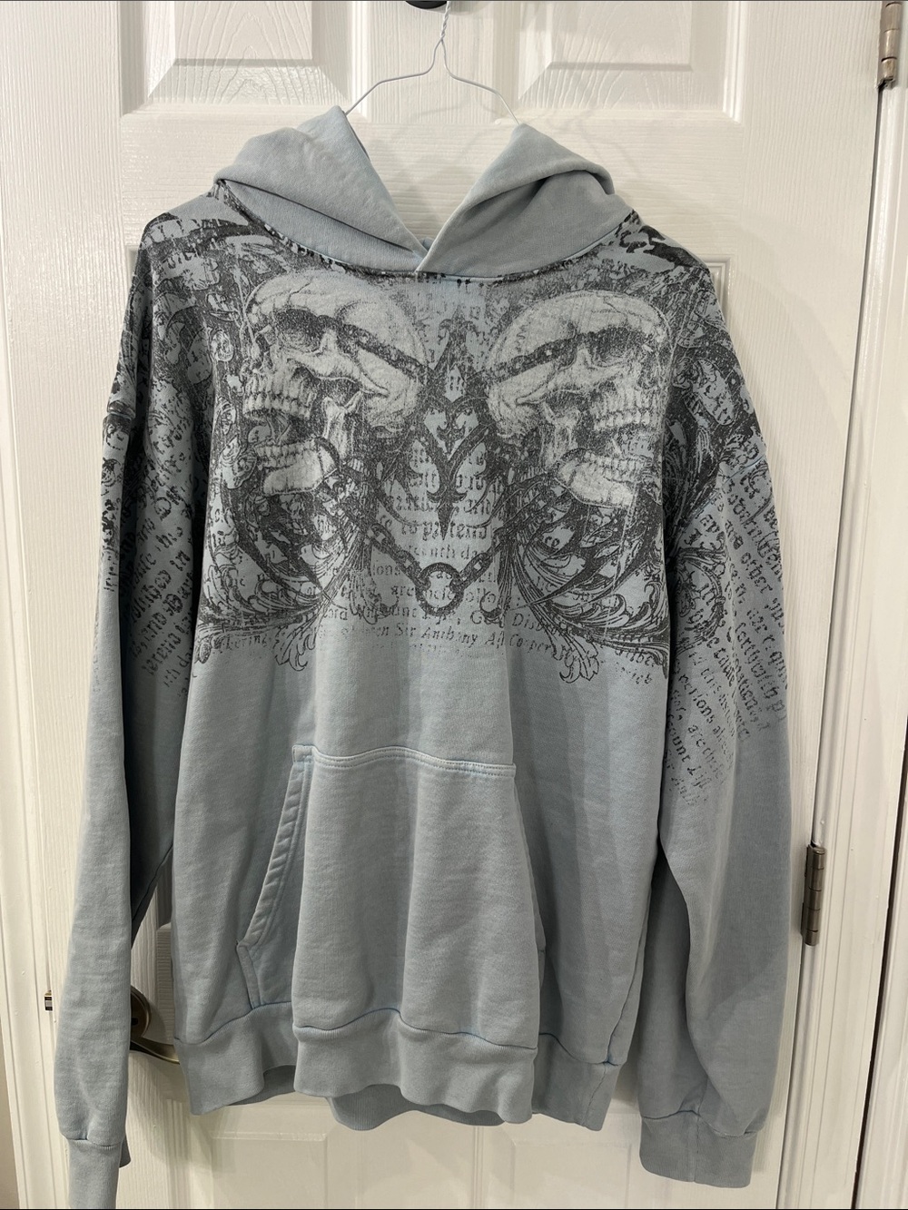 Affliction Light Faded Blue/ Gray Skull Graphic Hooded Sweatshirt